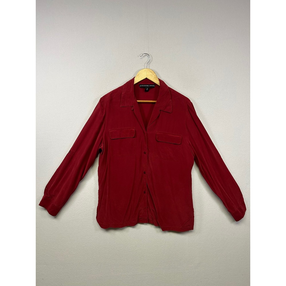 Quiet Luxury Josephine Chaus Womens 12 Red 100% Silk Button Down Shirt Pocket